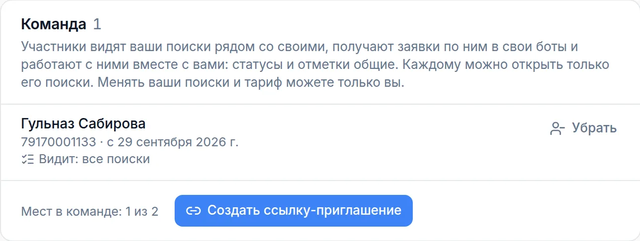 Блок Команда в настройках: участник, какие поиски видит, кнопка Создать ссылку-приглашение