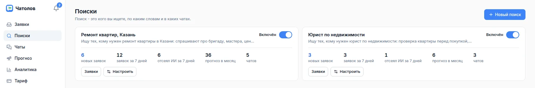 Страница Поиски: карточка поиска со счётчиками заявок